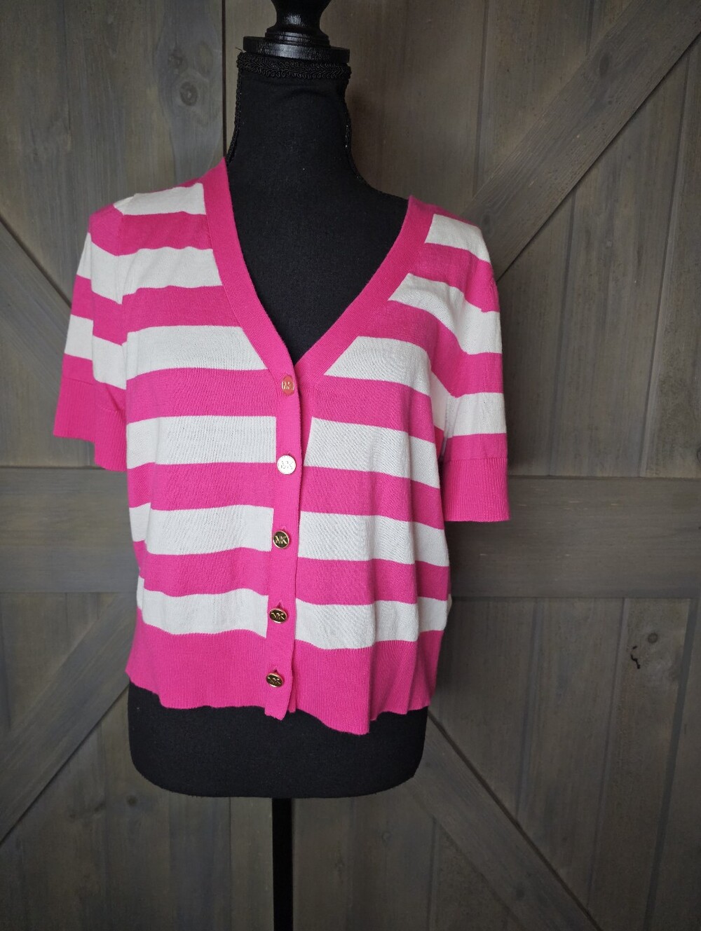 Nwt Michael Kors Striped Short Sleeve Button Front Cardigan sz Large